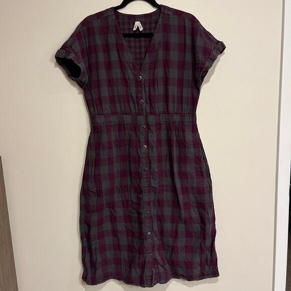 Pact Dress Coastal Short-Sleeve Purple Gray Plaid 100% Organic Cotton Large - Picture 2 of 9
